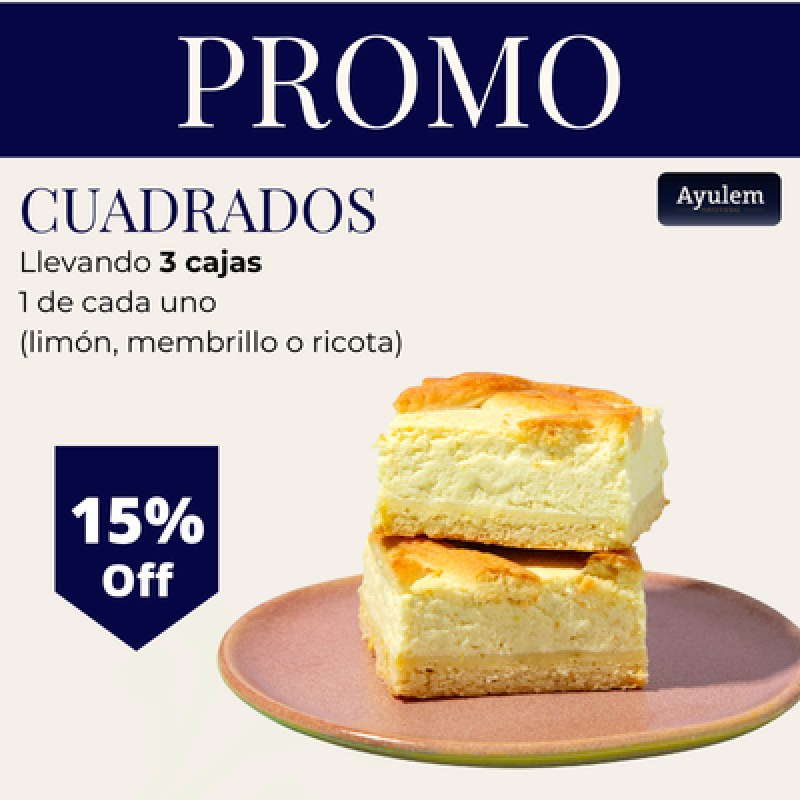 Promo 1 caja de cuadrados limón + 1 caja de cuadrados de membrillo + 1 caja de cuadrado de ricota